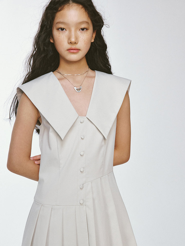 Sailor-Collar Big-Collar V-Neck No-Sleeve Chic Asymmetry Box-Pleats One-Piece