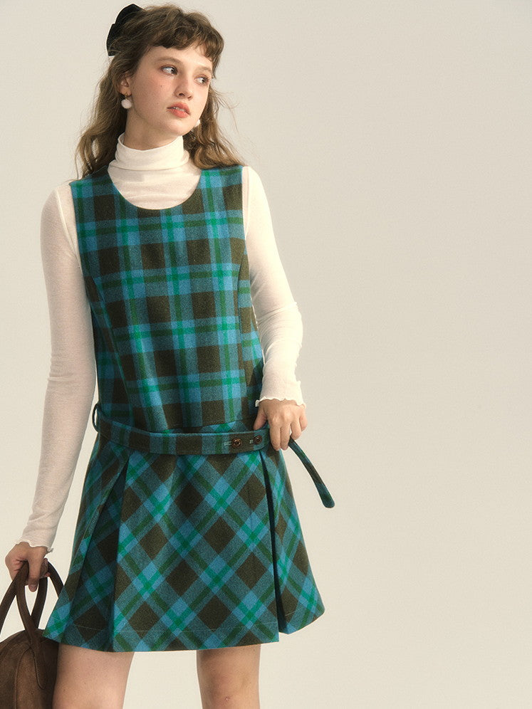 Wool Checked Sleeveless U-Neck Layered One-Piece