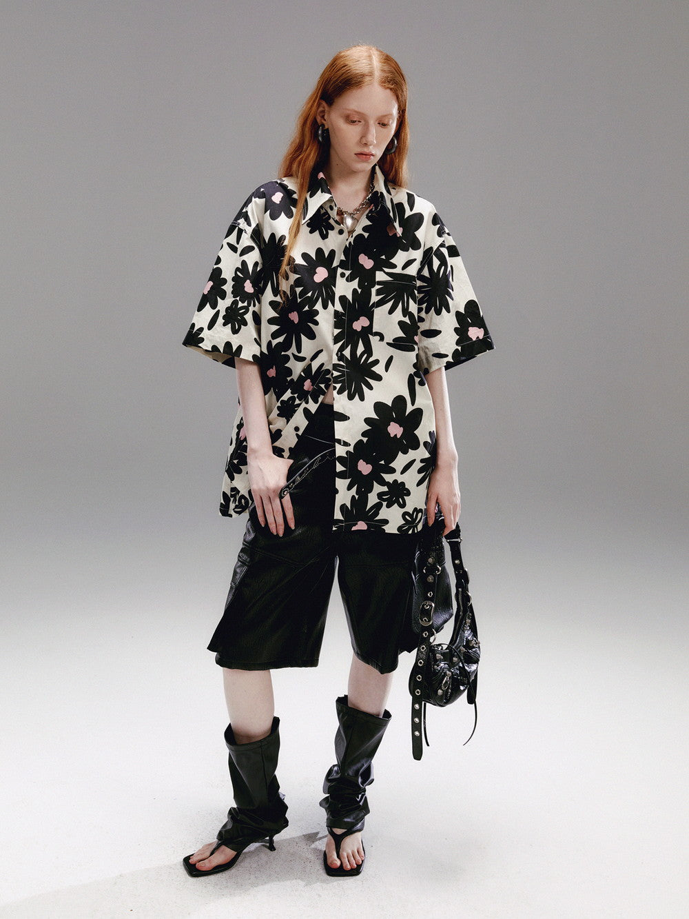 Unisexe Flower Monochrome Retro Oversize Oversize Shirt