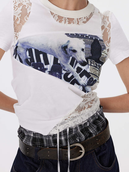 Lace Nichi Dog See-Through Asymmetry T-Shirt