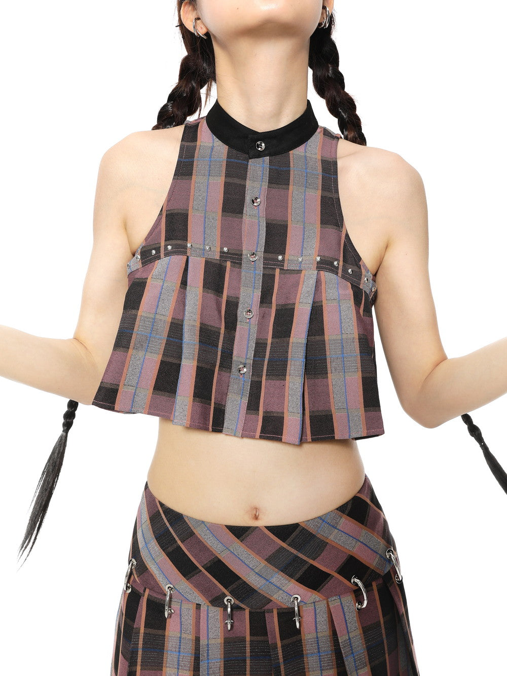 CHECKED PLEATS FLARE SLEEVESSS CROPPED TOPS