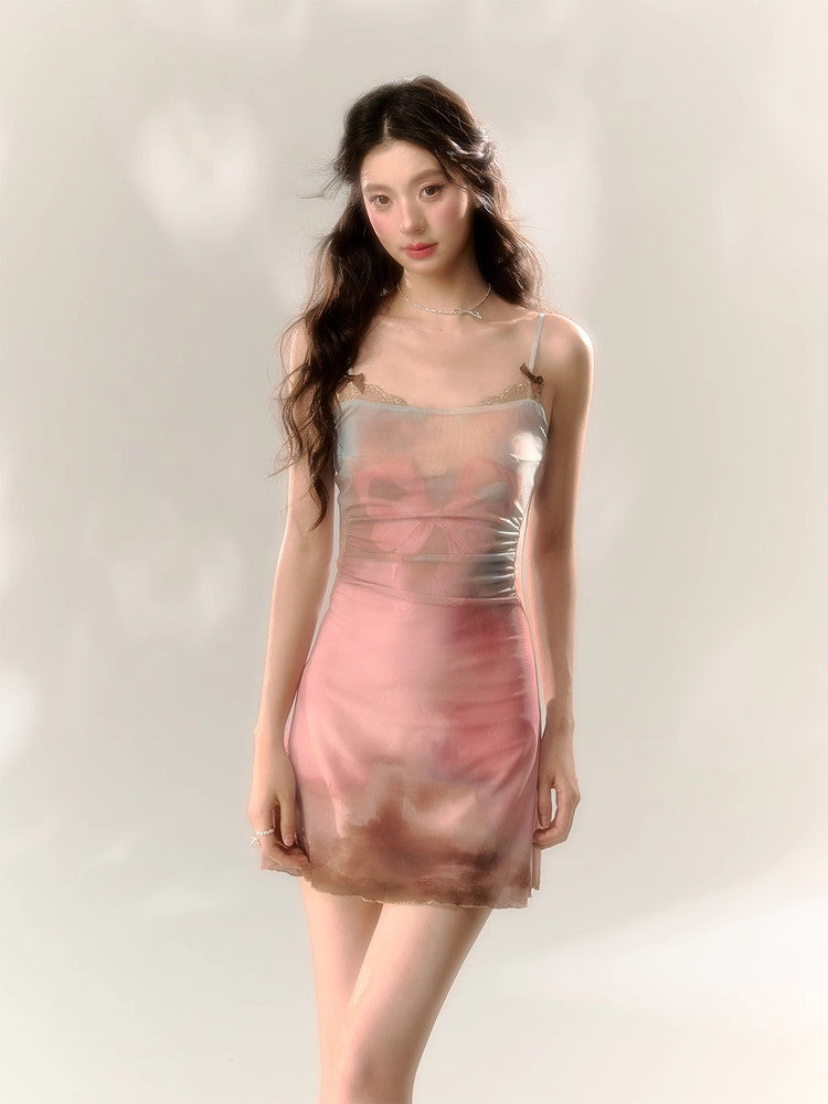 Dress＆Bolero Tie-Dye Pale-Tone Slim Mesh Set-Up