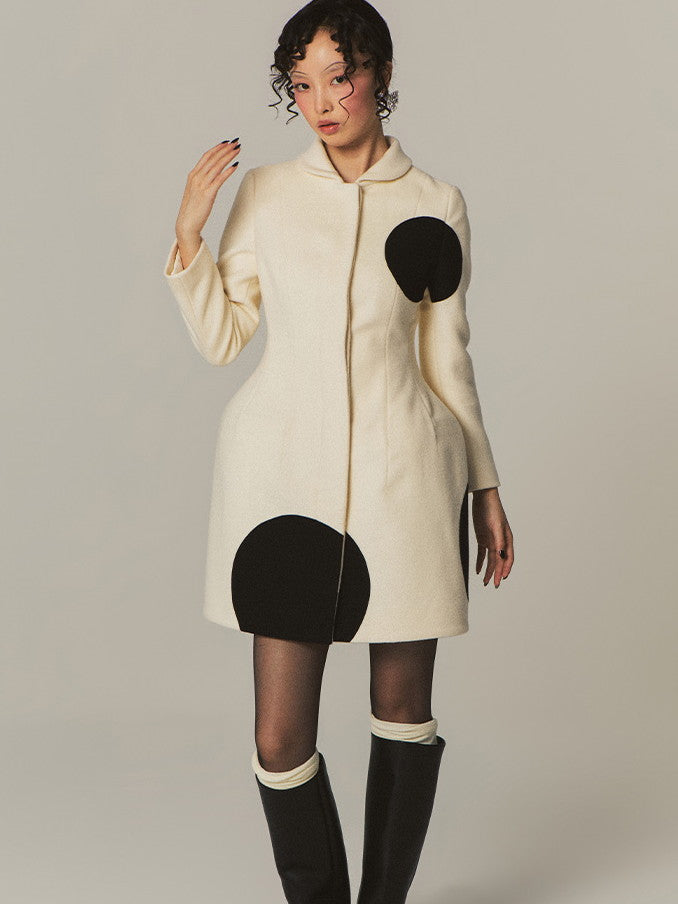 Modern Bi-Color Retro Dot Circle Wool Chic Coat