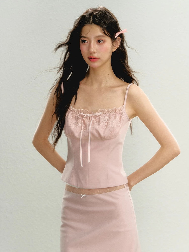 Set-Up Lace Ribbon Feminine Camisole＆Long-Skirt