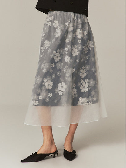 Layered See-Through Flower Ciffon Sheer Flare Chic Long-Skirt