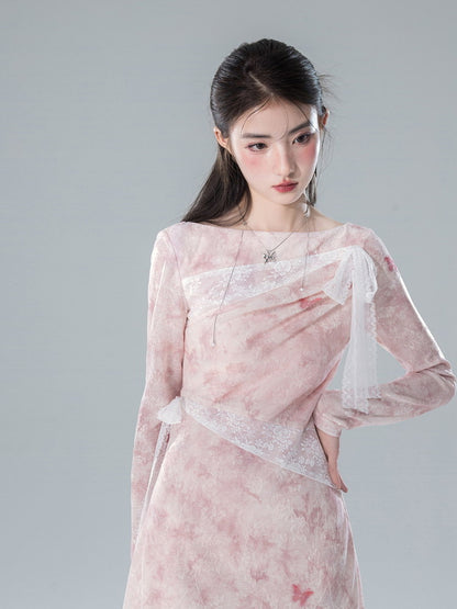 Long Butterfly Sheer Long Lace Slim Dress