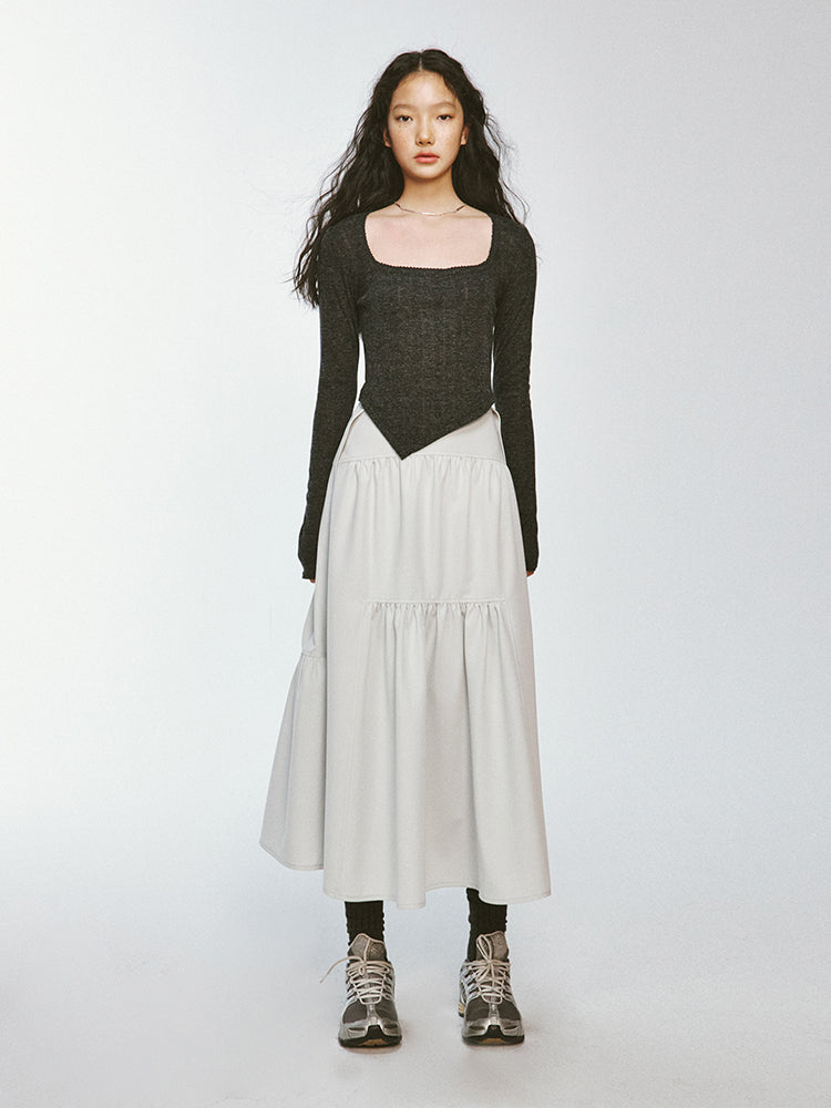 Tiered Asymmetry Plain Flare Simple Long-Skirt