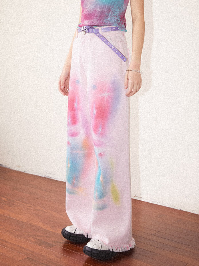 Tie-Dye Pale-Tone Damage Cotton-Candy Tassel Casual Straight Denim-Pants