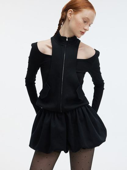 Open-Shoulder Nichi Zip Constricted Plain Tops