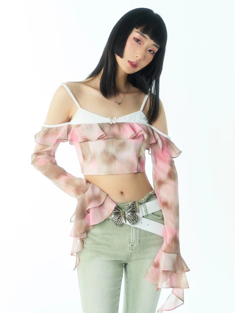 Tie-Dye Sheer Fake-Off-Shouler Ruffle Gather Watercolor Tops