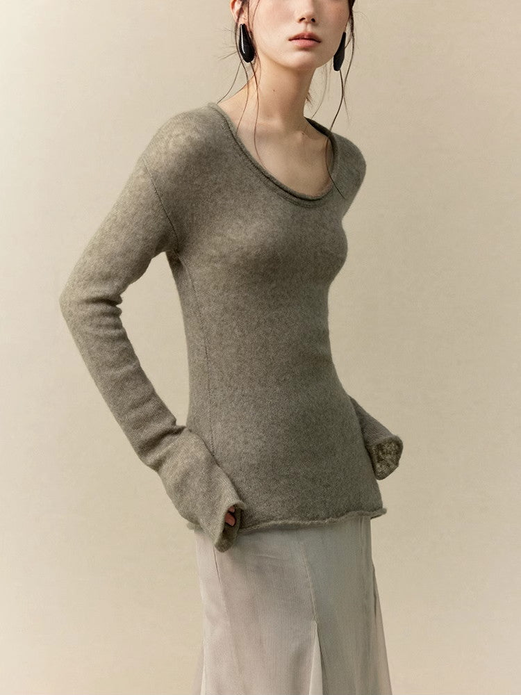 Asymmetry U-Neck Slim Simple Thin Classy Knit