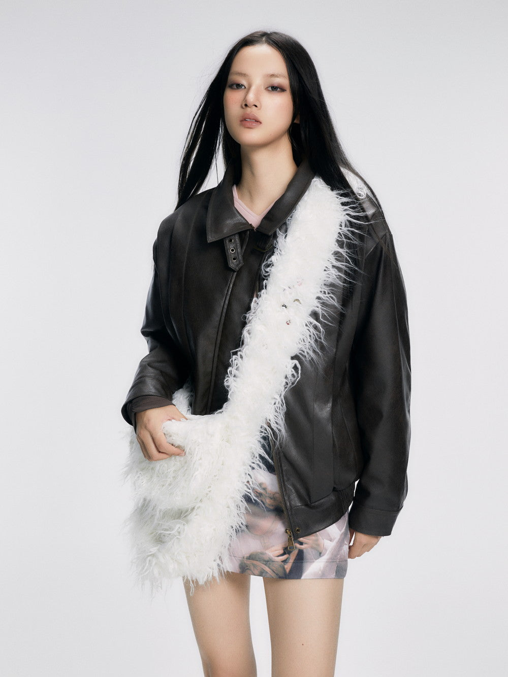 Fur-Neck Smooth Ovresize High-End Leather-Jacket