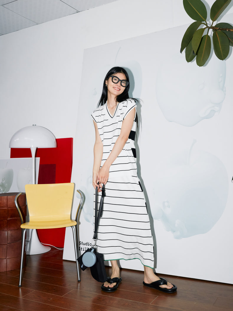 Cutsew &amp; Long-Skirt Smmer-Knit Border Marine 설정