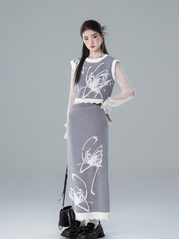 Vest&amp;Long-Skirt Knit Butterfly Retro Bi-Color Set-Up