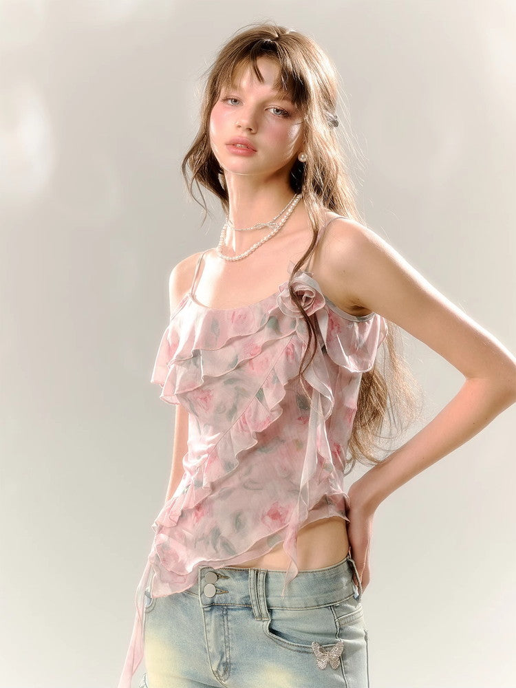 Asymmetry Ciffon Frill Flower Rose Drape Tops