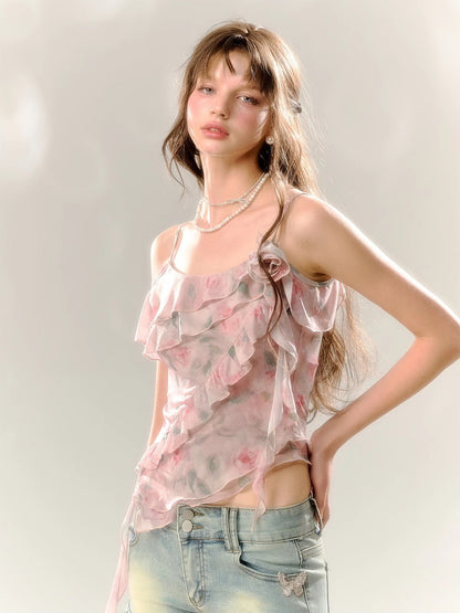 Asymmetry Ciffon Frill Flower Rose Drape Tops