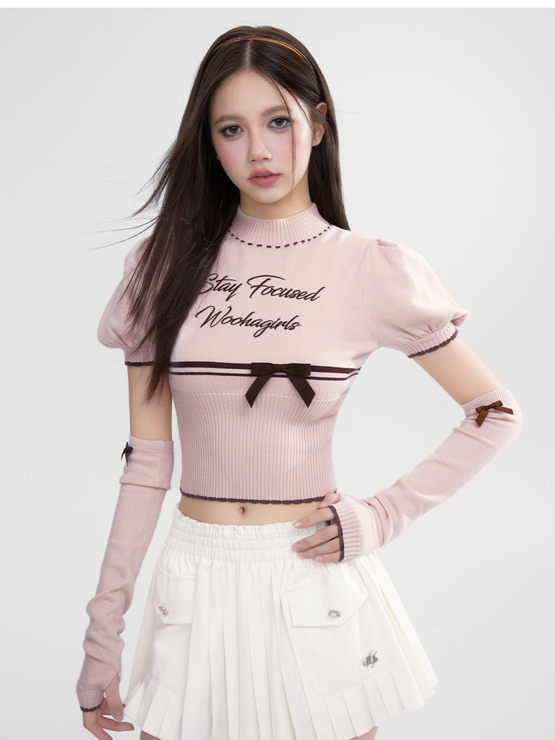 Puff-Sleeve Short Cute Letter Short Arm-Sleeve &amp; Tops