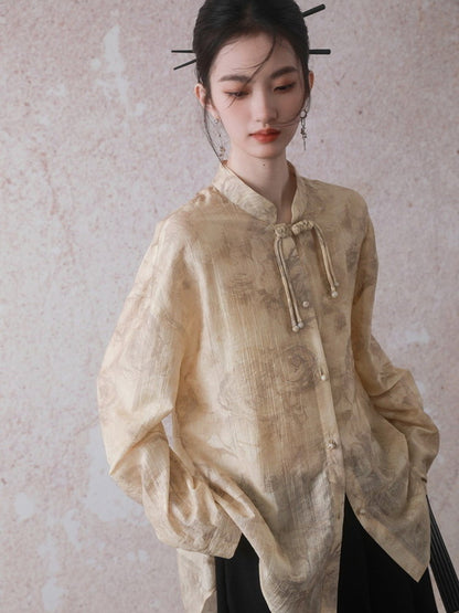 China Mao-Collar Tie-Dye Ciffon Loose Blouse