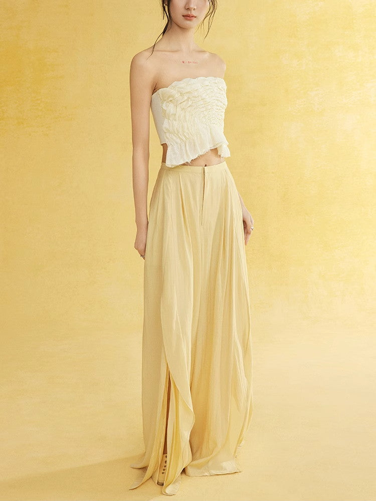 Natural Slit Wide-Leg Wrinkled Plain Flare-Pants