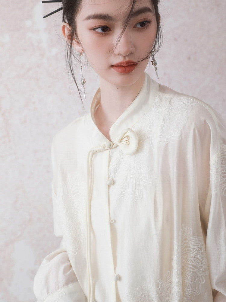 China Oversize See-Through Flower Embroidery Blouse