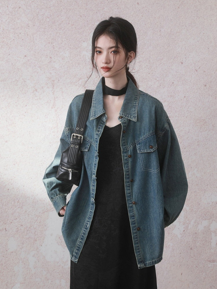 Casual Vintage Oversize Drop-Shoulder Denim-Jacket