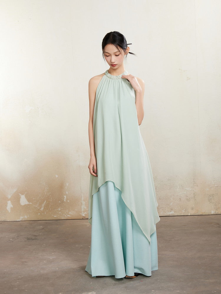 Refreshing American-Sleeve Long Layered Dlare Long Plain Dress