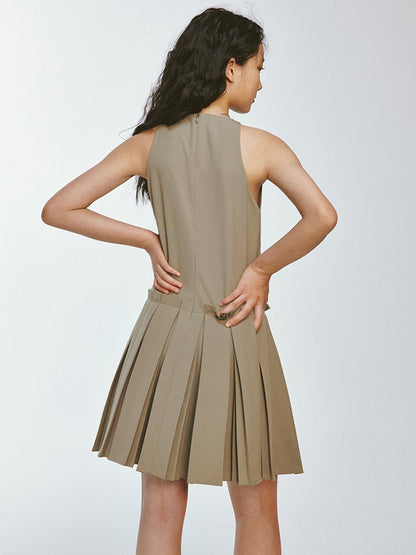 American-Sleeve Box-Pleats Short Plain One-Piece