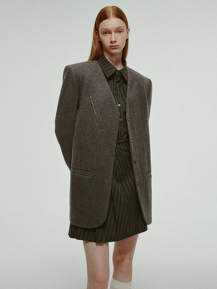 No-Collar V-Neck Oversize Plain Wool Jacket