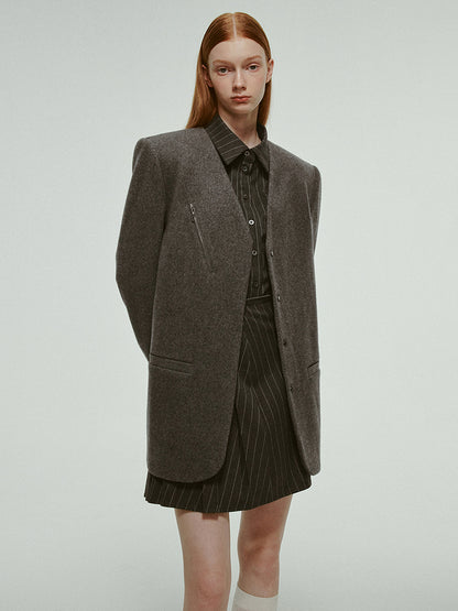 No-Collar V-Neck Oversize Plain Wool Jacket