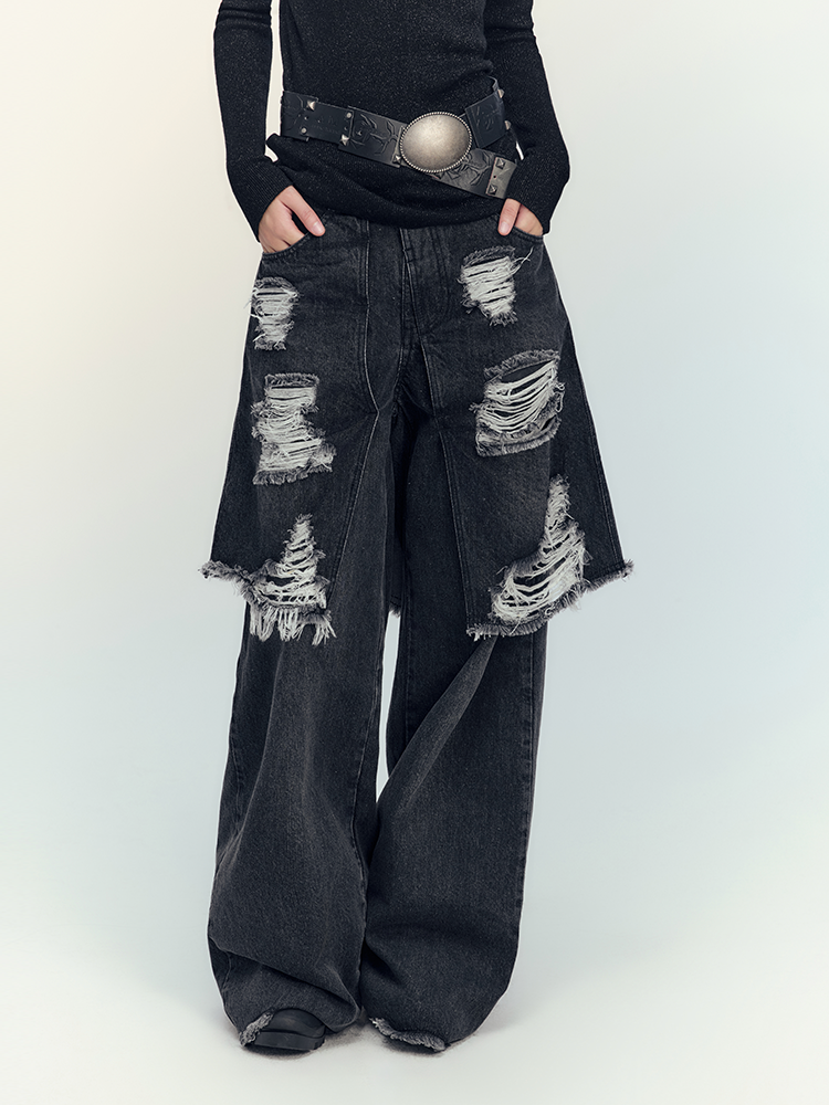 Nichi Denim Layered Conspicuous Damage Wide-Pants