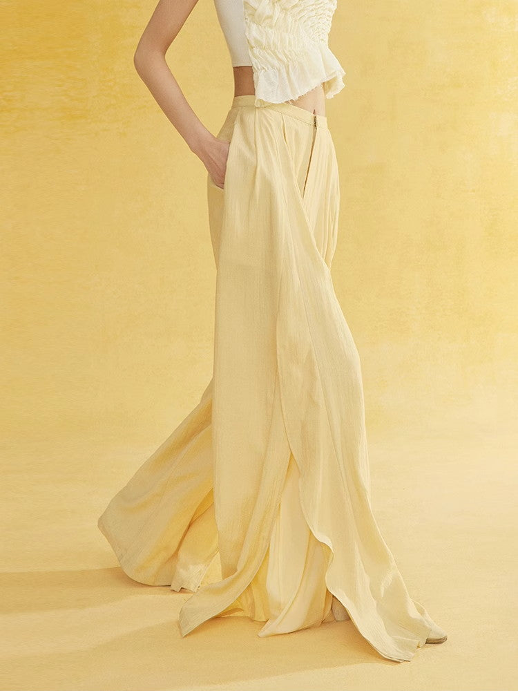 Natural Slit Wide-Leg Wrinkled Plain Flare-Pants