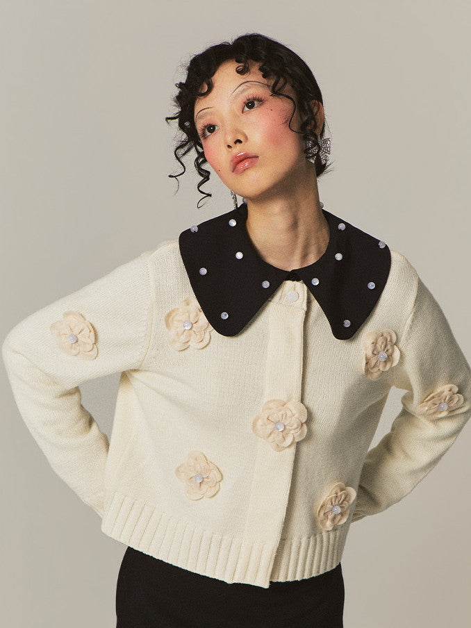 Flower-Motif Girly Nichi Retro 3D Cute Knit Cardigan