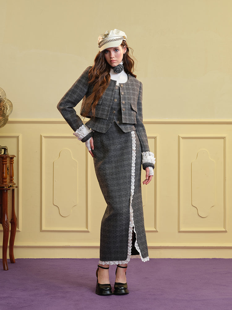 Tweed Lace Feminine Cute Jacket&amp;Vest&amp;Mini-Skirt&amp;Long-Skirt