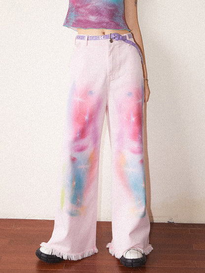 Tie-Dye Pale-Tone Damage Cotton-Candy Tassel Casual Straight Denim-Pants