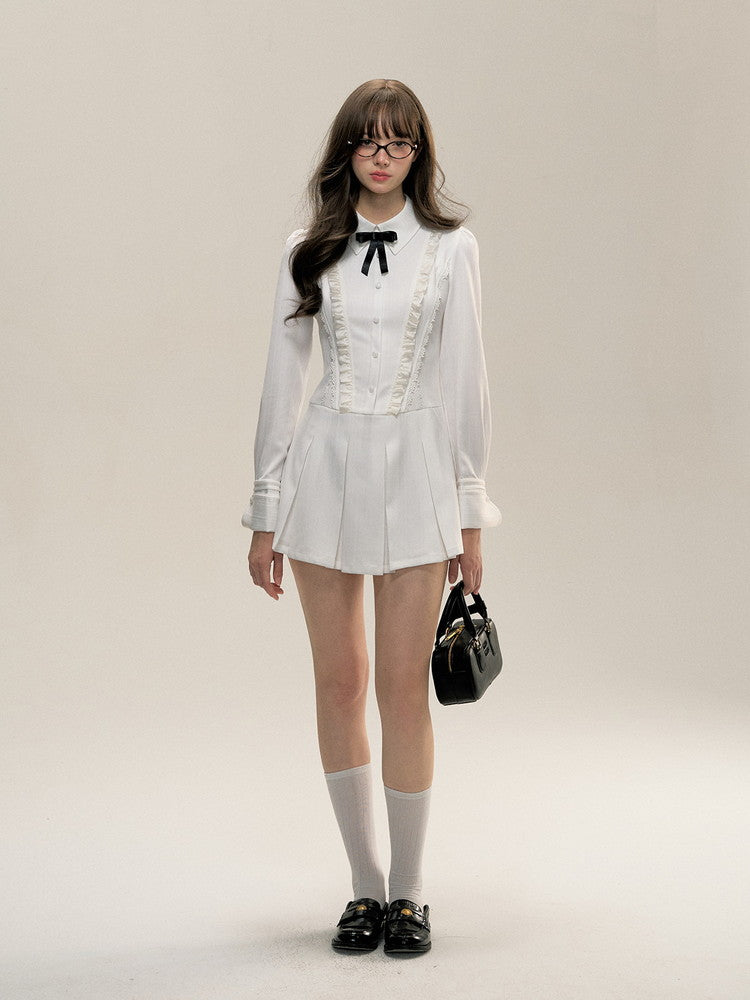 Shirt Frill Lace Ribbon Box-Pleats Dress