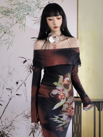 Off-Shoulder Flower Gradation Mellow Tight Retro Long-One-Piece