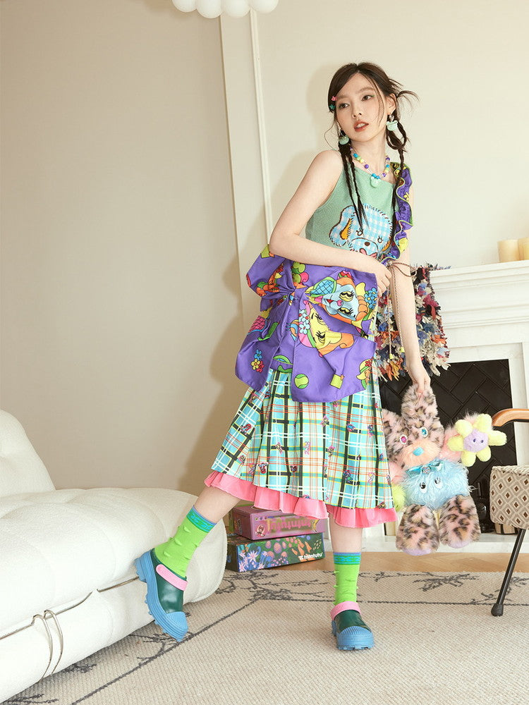 Checked Frill Embroidery Animal Layered Fancy Flare-Skirt