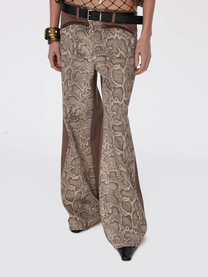 Denim Wide-Leg Casual Patchwork Python Pants