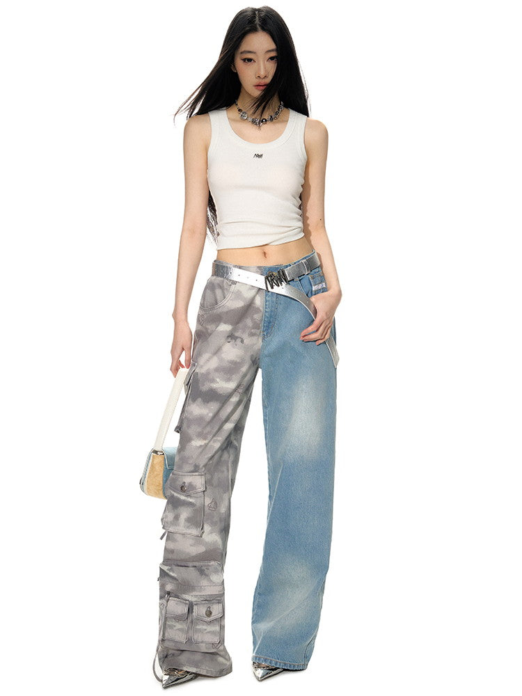 Mix Denim Unique Half-Design Cargo-Pants Wide-Pants