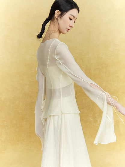 See-Through Ruffle Frill Flare-Sleeve Simple Natural Tops