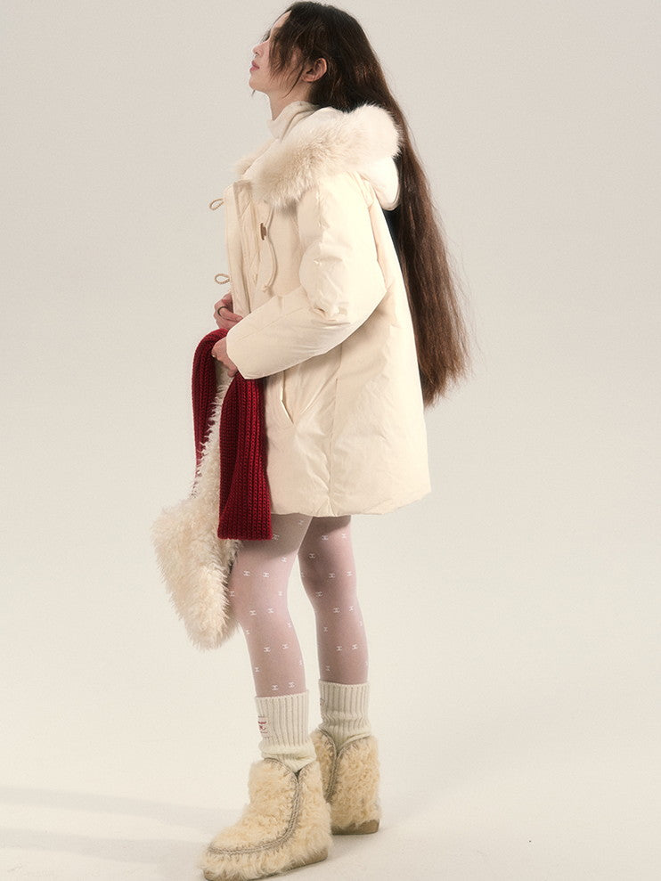 Fur Hoodie Long-Coat Warm Quilting Down-Coat