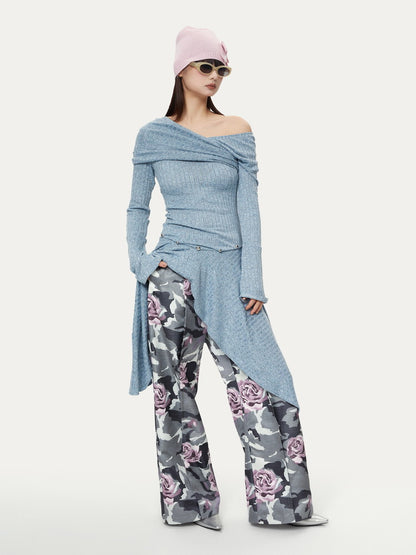 Camouflage Flower High-Waist Speckled Rose Nichi Wide-Pants