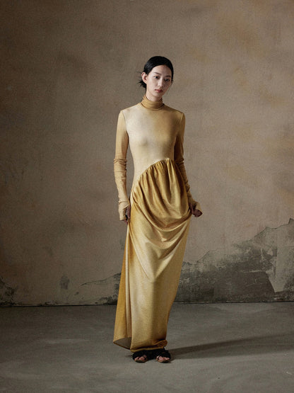 High-Neck Knit Drape Slim Thin Long Dress