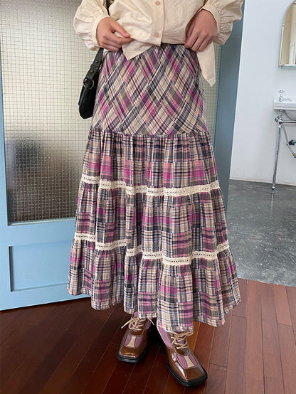 Checked Tiered Retro Girly Flare Lace Long-Skirt