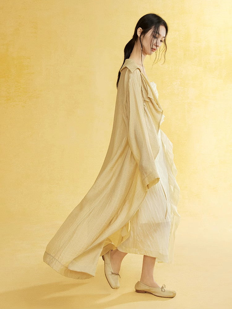 Retro Sheer Oversize Ruffle Wrinkled Long-Cardigan