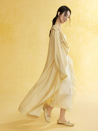 Retro Sheer Oversize Ruffle Wrinkled Long-Cardigan