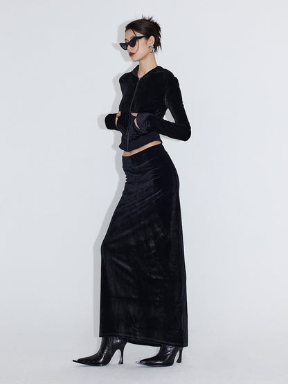 Velvet Set-Up Winter Plain Tops&amp;Pants&amp;Long-Skirt