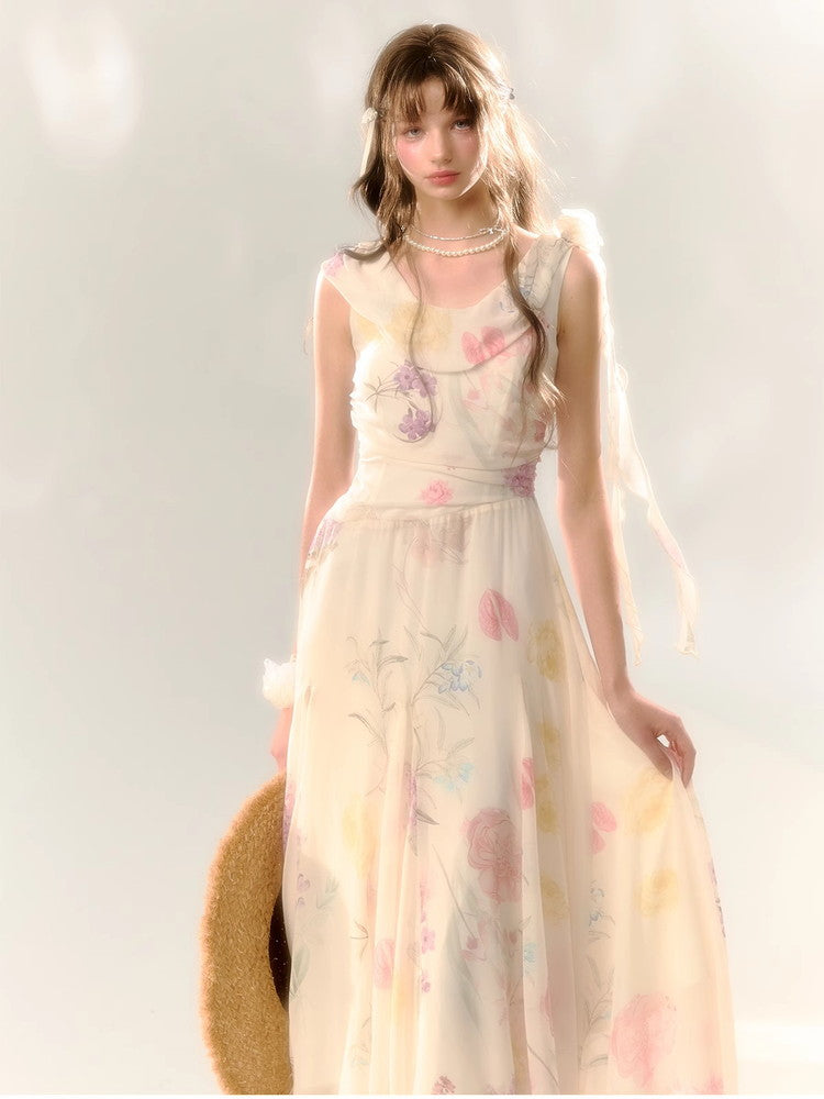 Watercolor Flower Retro Drape Long No-Sleeve Dress