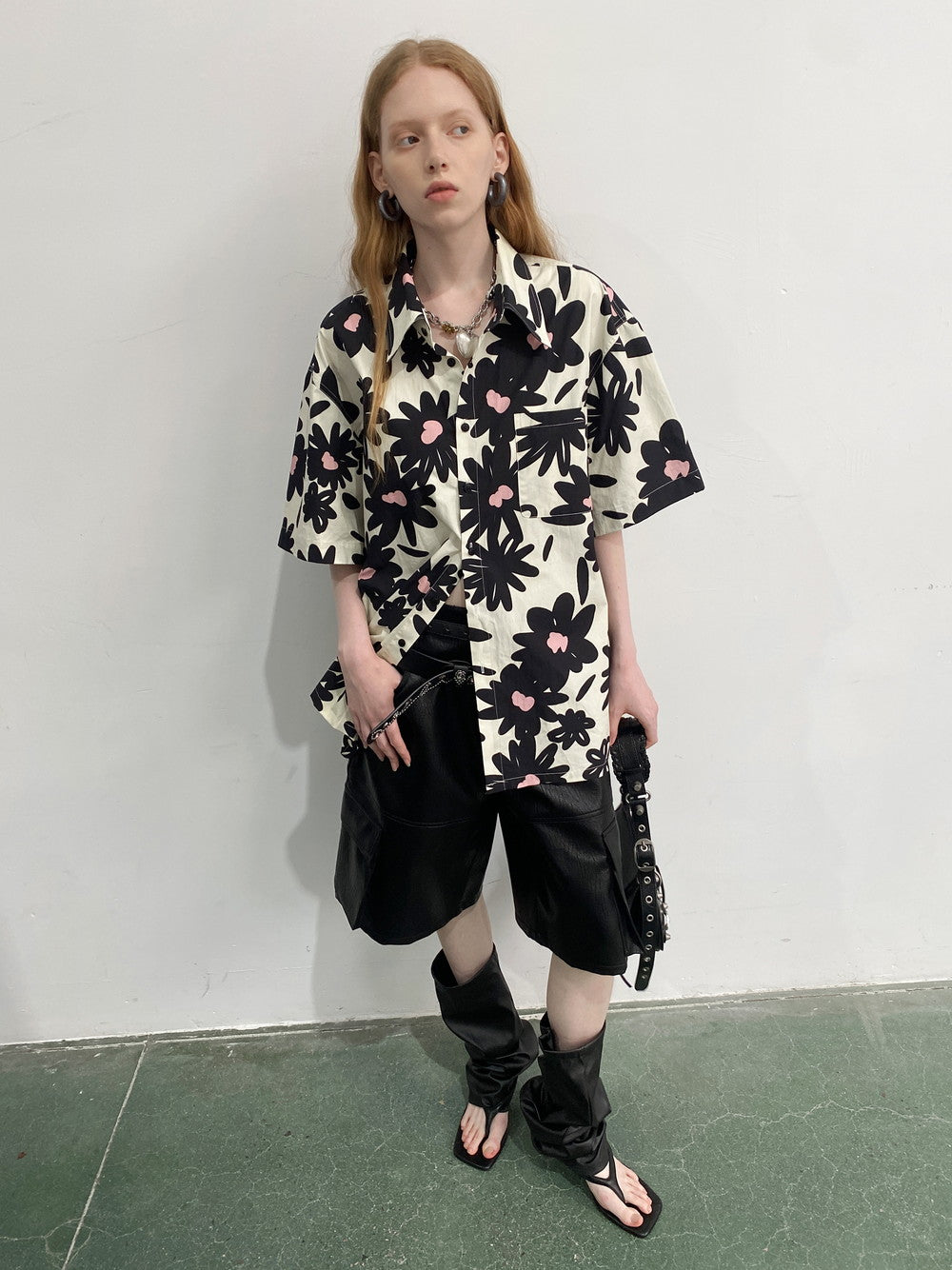 Unisexe Flower Monochrome Retro Oversize Oversize Shirt