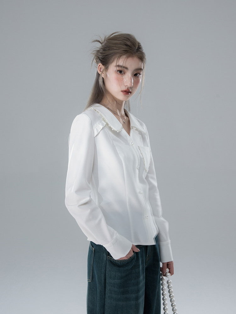 Pearl V-Neck Feminine Shape Simple Blouse